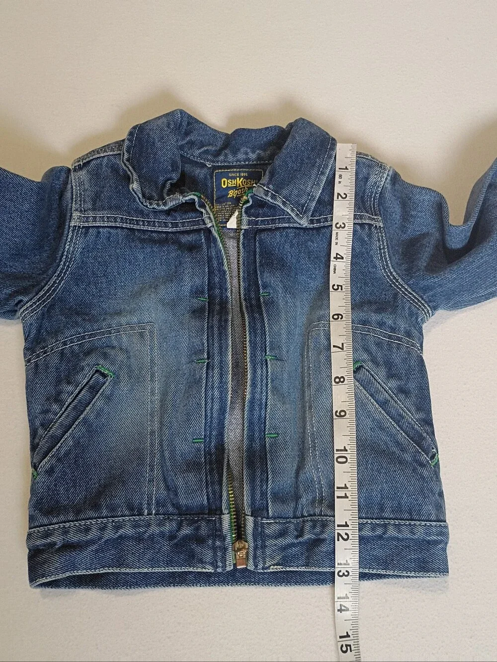 Vintage Y2K OshKosh Bgosh Zip Up Denim Jacket 4T Contrast Green Stitch Workwear